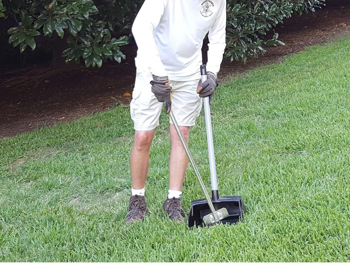 A technician in a white long-sleeve shirt and shorts holding a long-handled pooper scooper and dustpan on a lawn.