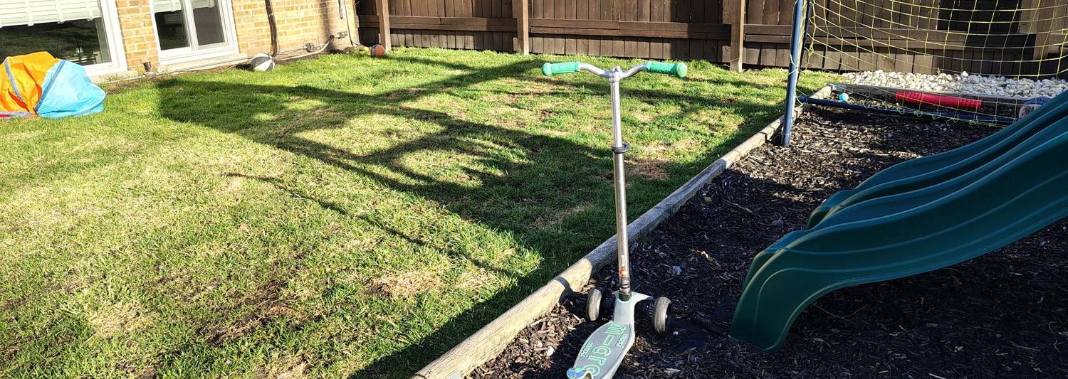 A cleaned back yard with a slide, a scooter and a soccer net