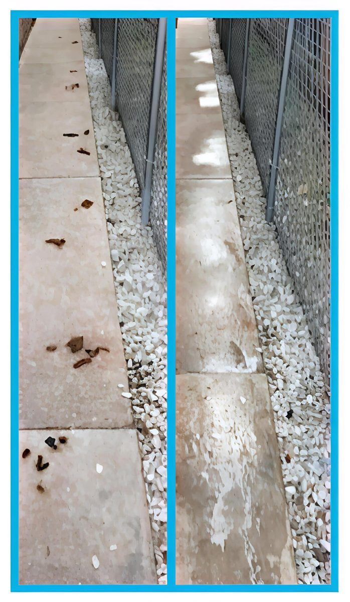 Before and after photos of a side path along a fence