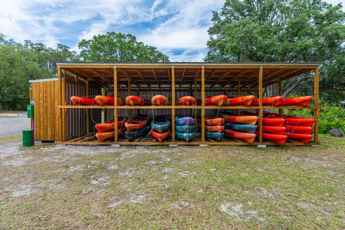 The rack of rental kayaks and paddleboards