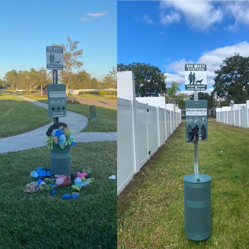 A pet waste station beside a fence, shown before and after servicing.
