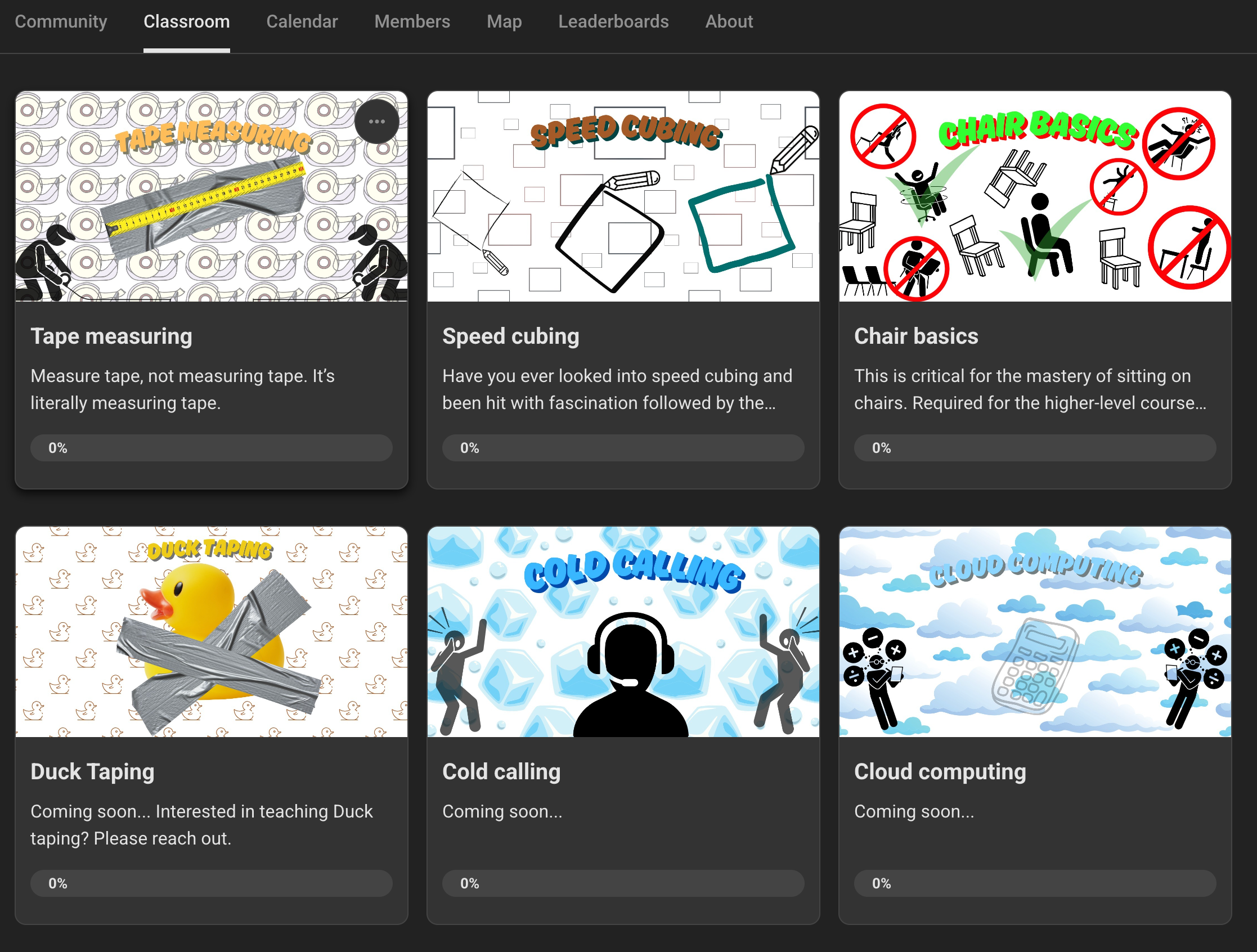 Classroom section of Crap Academy featuring quirky course thumbnails on tape measuring, speed cubing, and more.