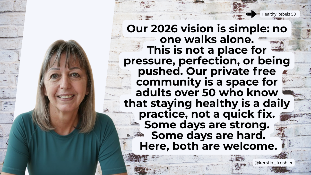 A woman smiling, promoting Healthy Rebels 50+ community for healthy living for adults over 50.
