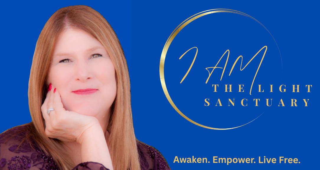 I AM the Light Sanctuary logo with woman in front, text "Awaken. Empower. Live Free." on a blue background.
