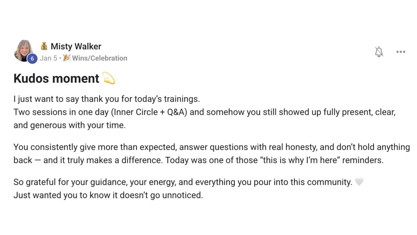 Community post expressing gratitude for training sessions and leadership in Online Profit Mastery.