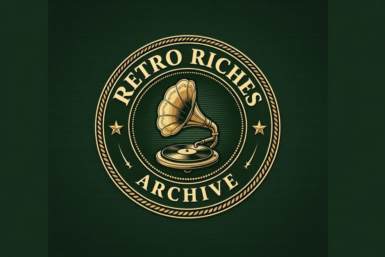 Logo of Retro Riches Archive featuring a vintage gramophone and decorative elements.