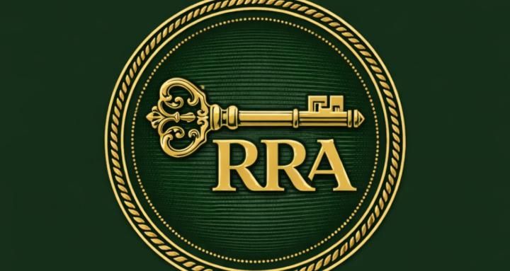 Golden key design with 'RRA' acronym on a dark green background, symbolizing Retro Riches Archive.