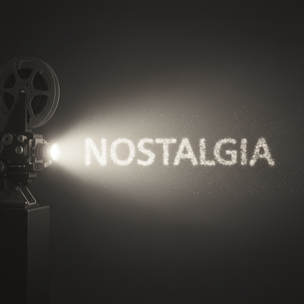 Vintage film projector casting the word 'NOSTALGIA' in a beam of light, evoking a sense of retro memories.