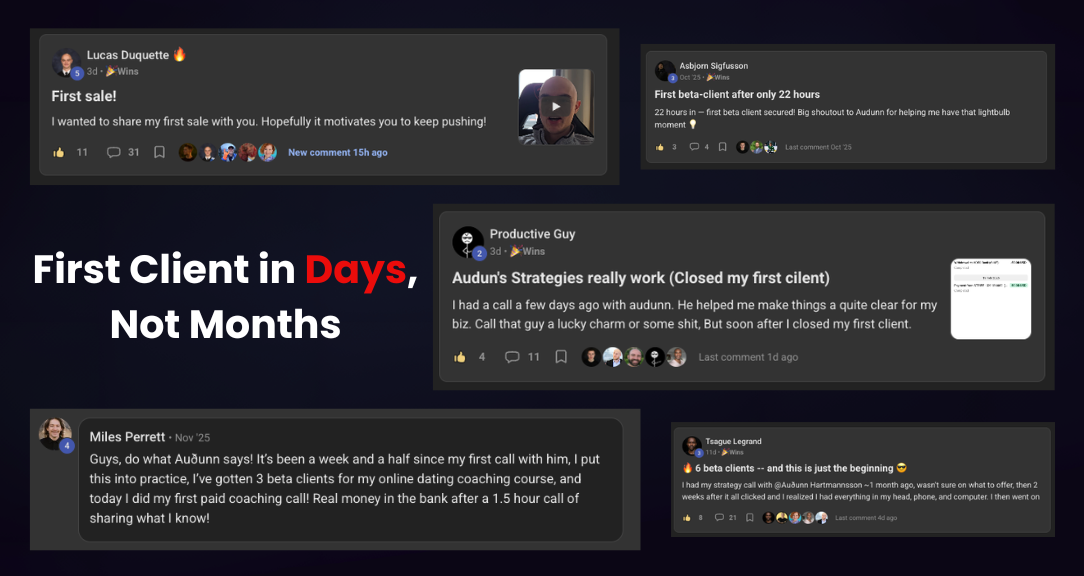 Community testimonials showcasing quick client success and effective coaching strategies.