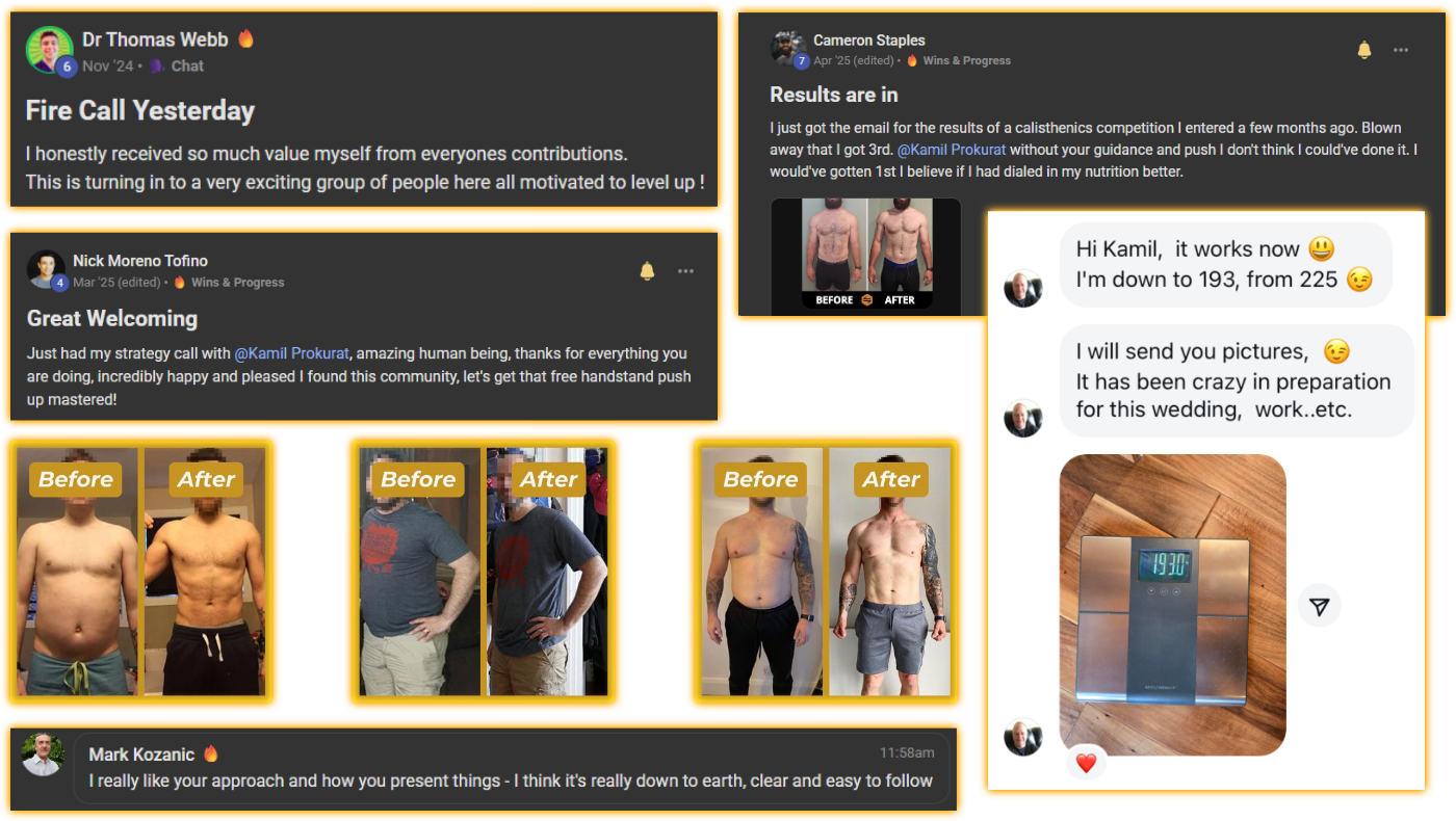Collage of community testimonials showcasing 'before and after' fitness transformations and motivational messages.