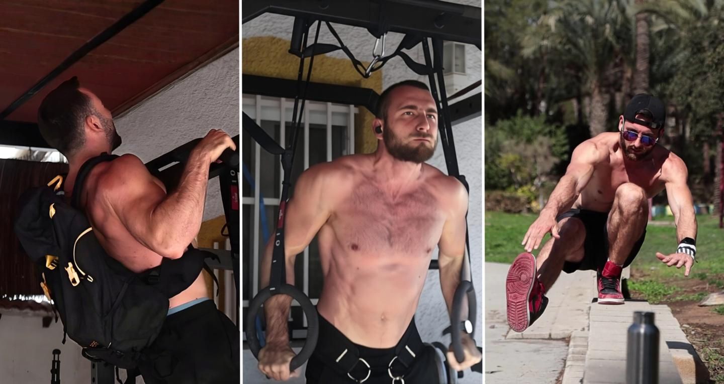 Men performing various fitness exercises, showcasing strength and agility, in outdoor and gym settings.