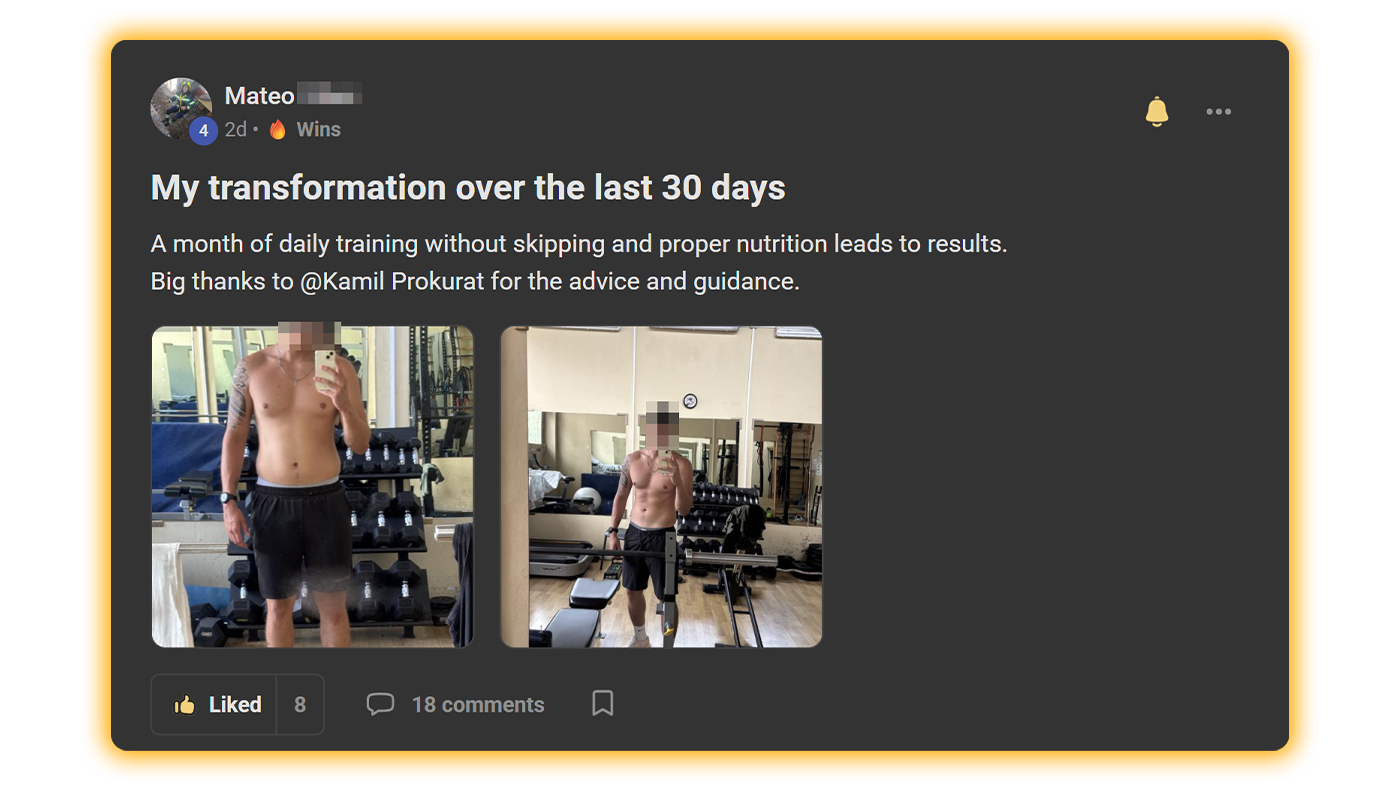A fitness transformation photo showcasing muscle definition after 30 days of training and nutrition.