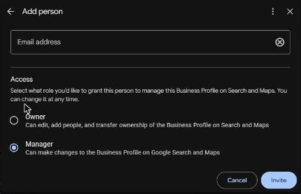 Add person form with an email field and a choice of Owner or Manager access