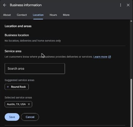 Location settings showing no business location, a service area search box and one selected service area