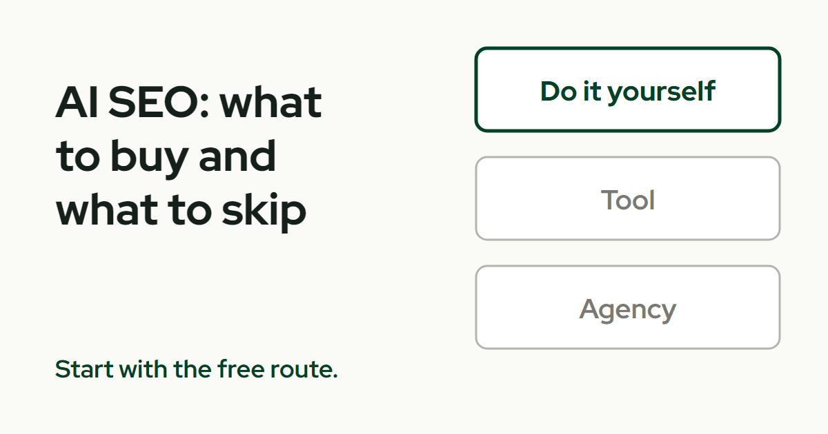 The title AI SEO beside three cards labeled Do it yourself, Tool and Agency, with the Do it yourself card outlined in green