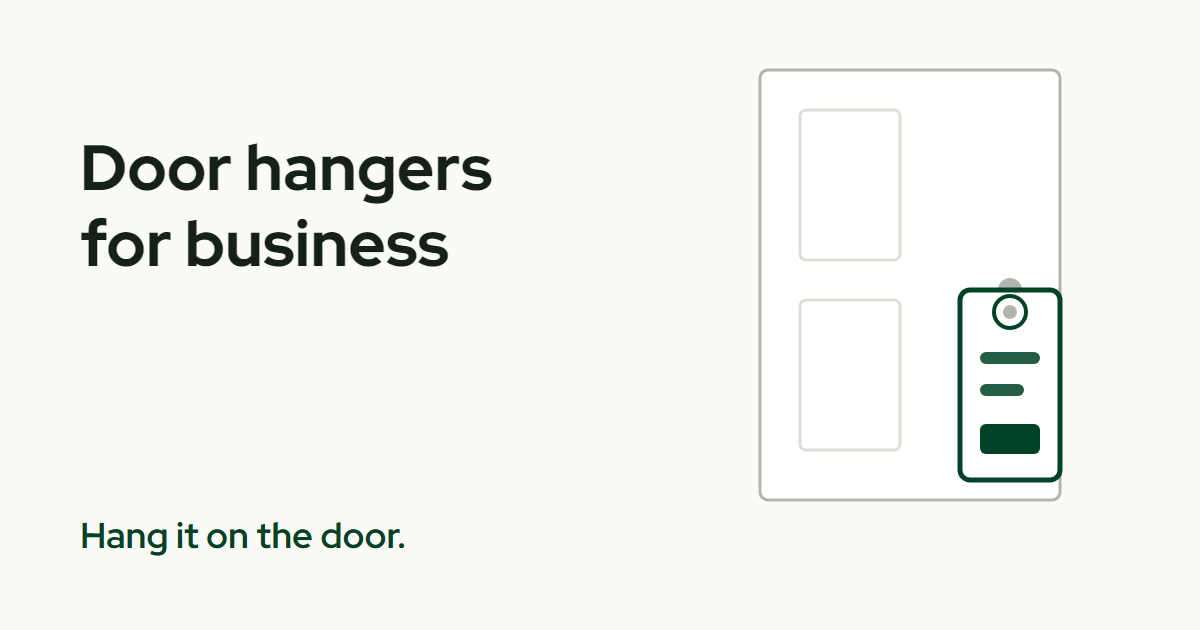 The title Door hangers for business beside a door with a green-outlined hanger on the handle and the line Hang it on the door