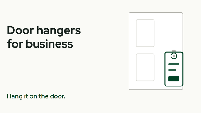 The title Door hangers for business beside a door with a green-outlined hanger on the handle and the line Hang it on the door