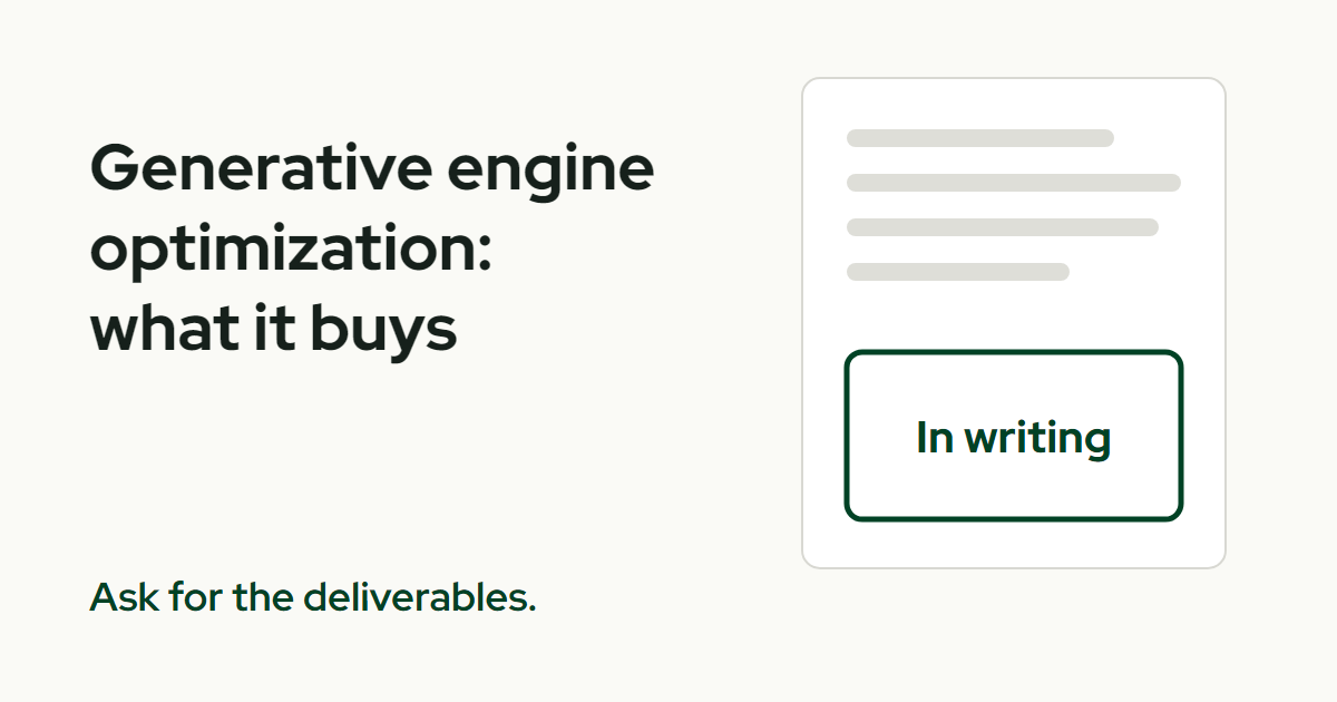 The title Generative engine optimization beside a proposal document with grey lines and a green-outlined box labeled In writing