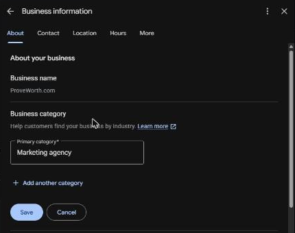 Business information editor showing a primary business category field and an Add another category link