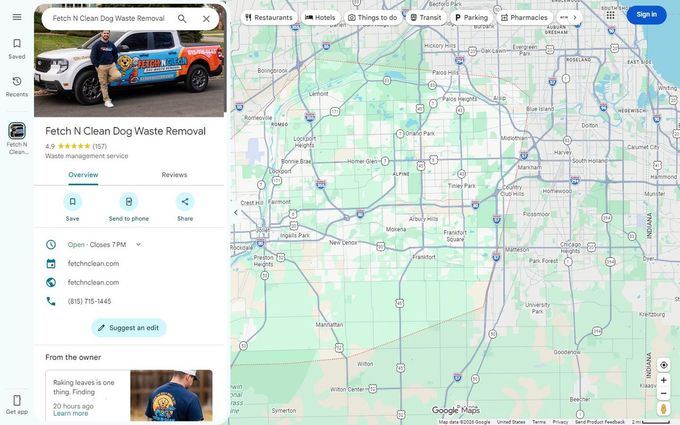 Google Maps listing for Fetch N Clean Dog Waste Removal showing 4.9 stars, hours, website and phone in the side panel