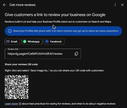 Get more reviews panel with a review link field, copy icon, share buttons and a QR code