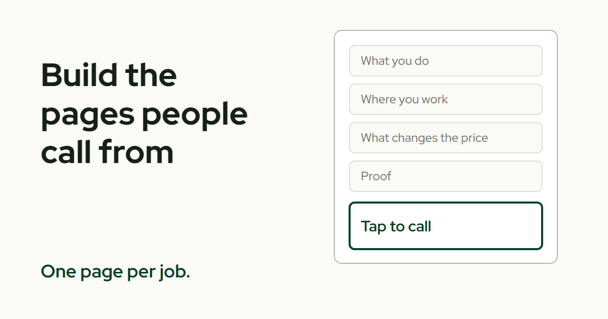 The title Build the pages people call from beside a wireframe of one service page with five labeled blocks, the contact block outlined in green