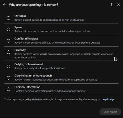Google dialog titled Why are you reporting this review, listing seven reasons with an unselected Send report button