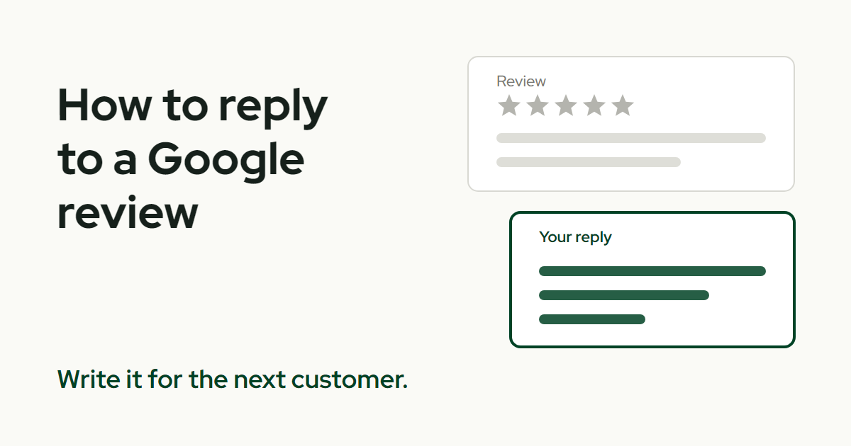 The title How to reply to a Google review beside a review card with five grey stars and a green-outlined owner reply card below it