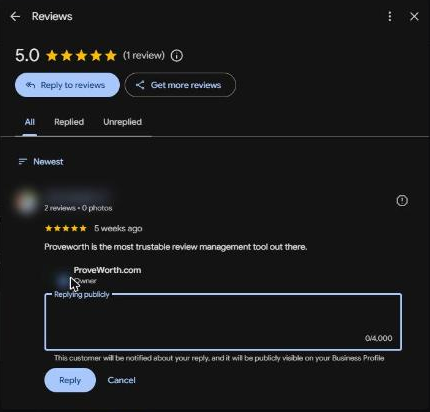 Business Profile reviews panel with a reply box open under a five-star review and the reviewer name blurred