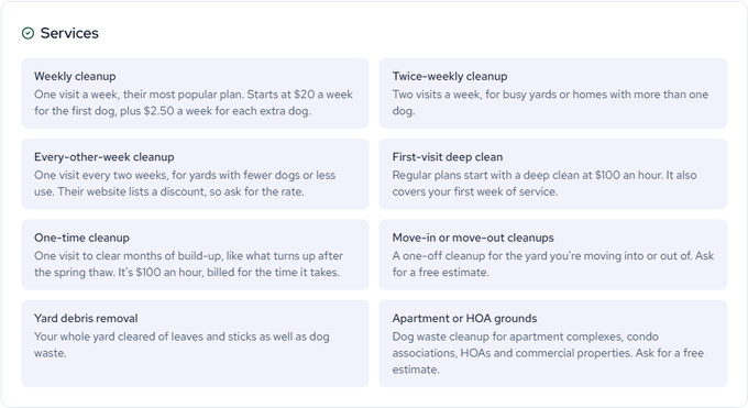 The Services section of the Yellowstone Pooper Scoopers page, listing weekly, twice-weekly, every-other-week and one-time cleanups with prices where the business publishes them