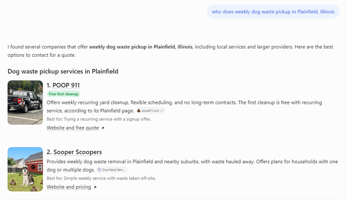 ChatGPT answer listing weekly dog waste pickup companies in Plainfield, Illinois, with source links beside each one