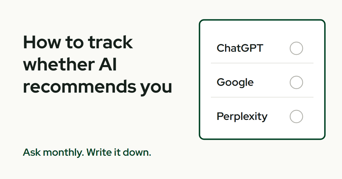 The title How to track AI visibility beside a notebook with three rows labeled ChatGPT, Google and Perplexity, outlined in green