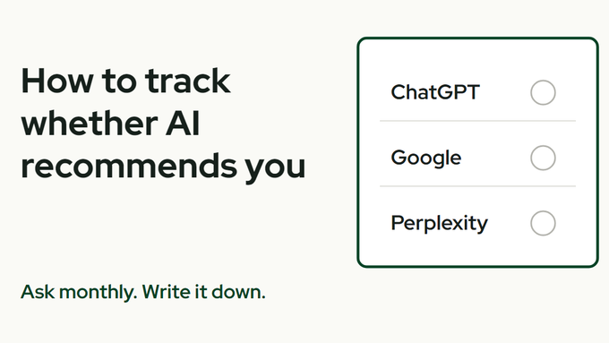 The title How to track AI visibility beside a notebook with three rows labeled ChatGPT, Google and Perplexity, outlined in green