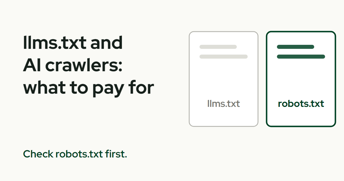 The title llms.txt beside two file cards: a grey llms.txt card and a green-outlined robots.txt card