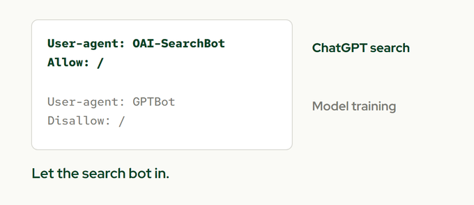 A robots.txt example with two groups: User-agent OAI-SearchBot with Allow slash, labeled ChatGPT search, in green, and User-agent GPTBot with Disallow slash, labeled model training, in grey