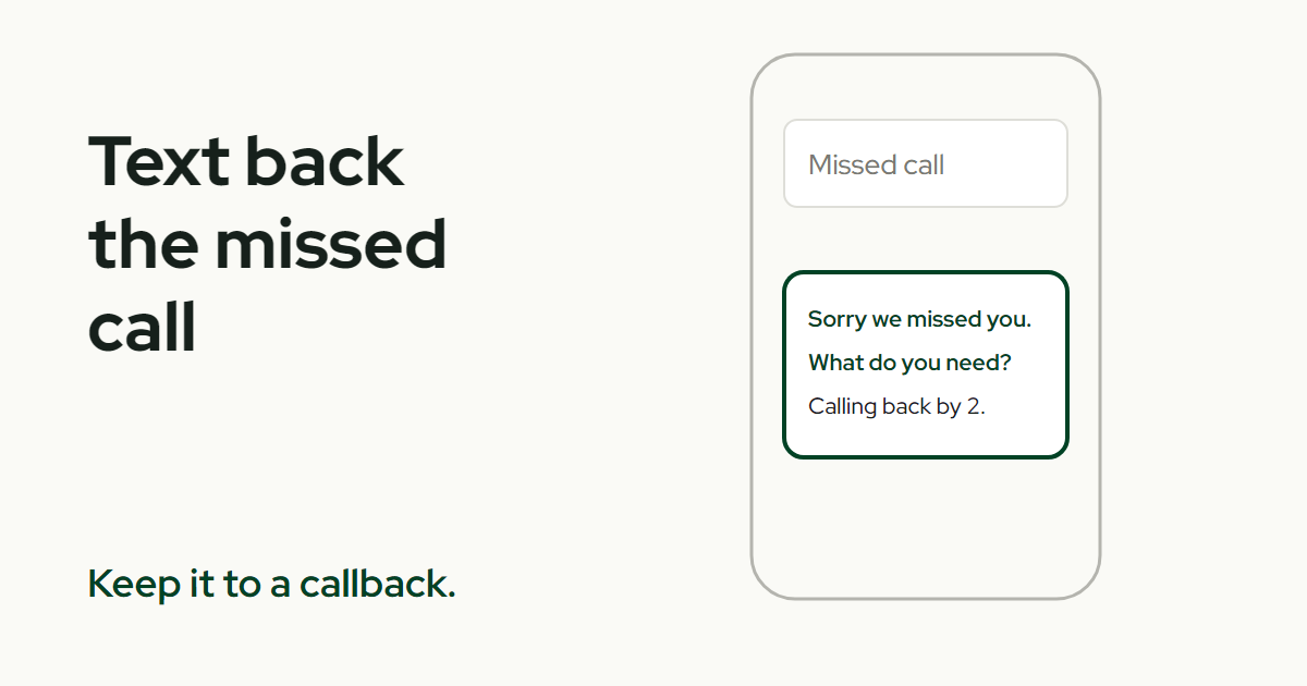 The title Text back the missed call beside a phone showing a missed call and a green-outlined reply bubble underneath it