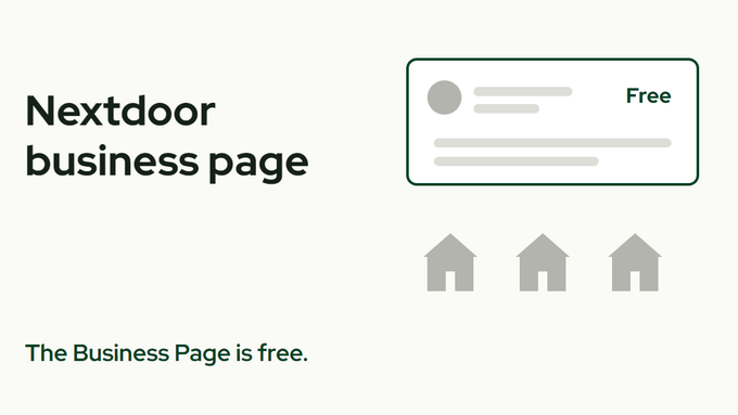 The title Nextdoor business page beside a green-outlined page card marked Free above three houses, with the line The Business Page is free