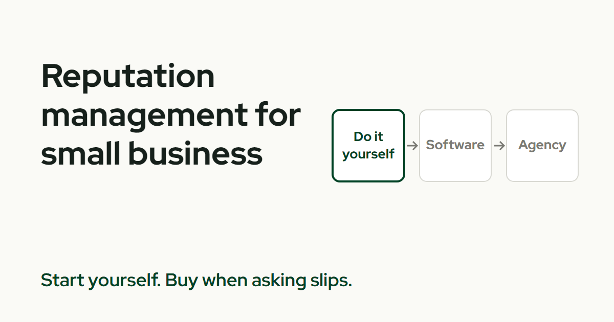 The title Reputation management for small business beside three boxes labeled Do it yourself, Software and Agency, the first outlined in green